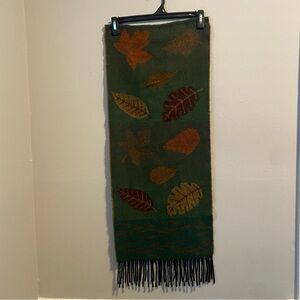 Acrylic green orange autumn fall leaves fringe scarf wrap 13.75” x 71”
